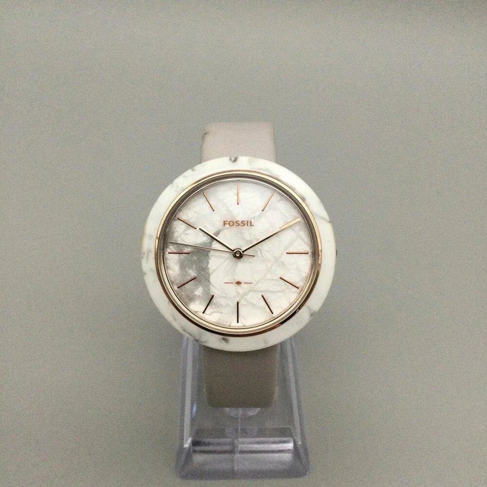 Fossil Womens Watch 38mm Faux White Marble Dial Gray Leather ES4371 New Battery